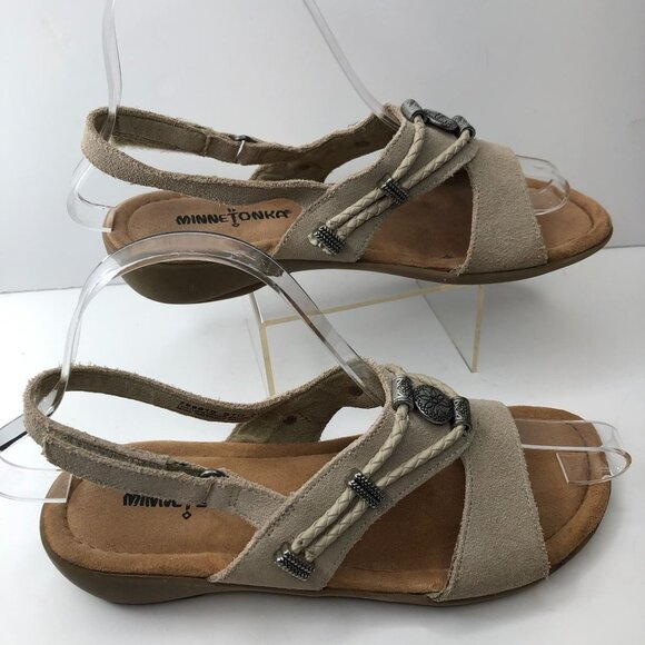 Minnetonka Women Sliver Beaded Tan Leather Sling Back Sandals Size 5W - Picture 2 of 12